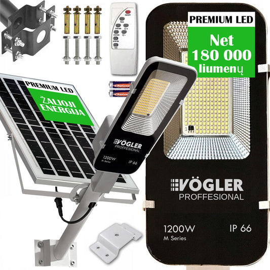 Galingas saulės energija varomas šviestuvas, prieblandos jutiklis, nuotolinio valdymo pultas, Vögler Professional 1200W